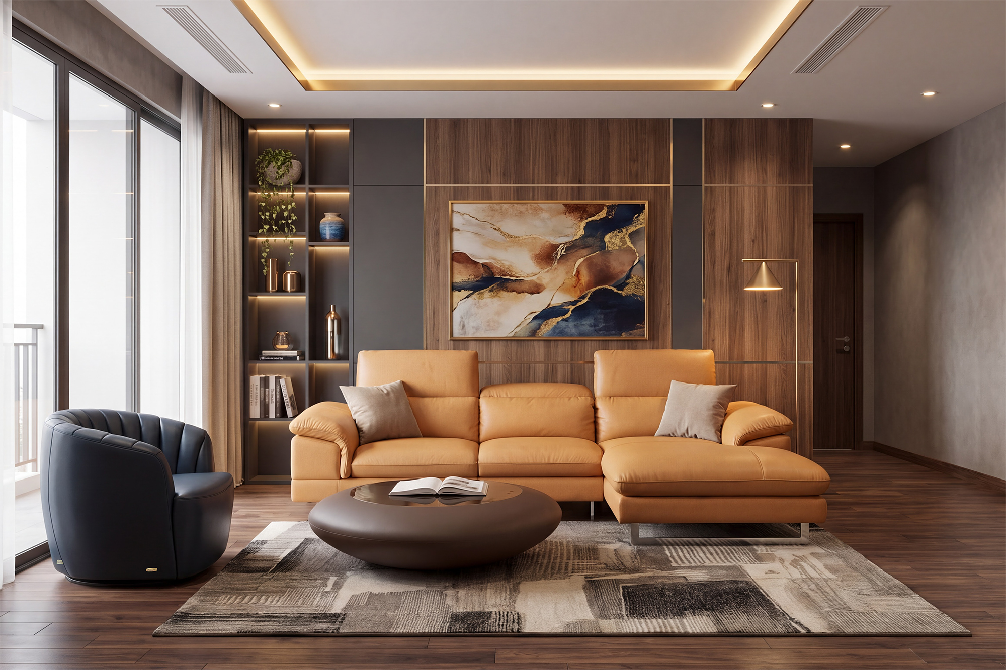 Concept Sofa góc KH270 kết hợp Ghế xoay ZL628 (Malaysia), Thảm Italia và Bàn trà KOS (Italia)