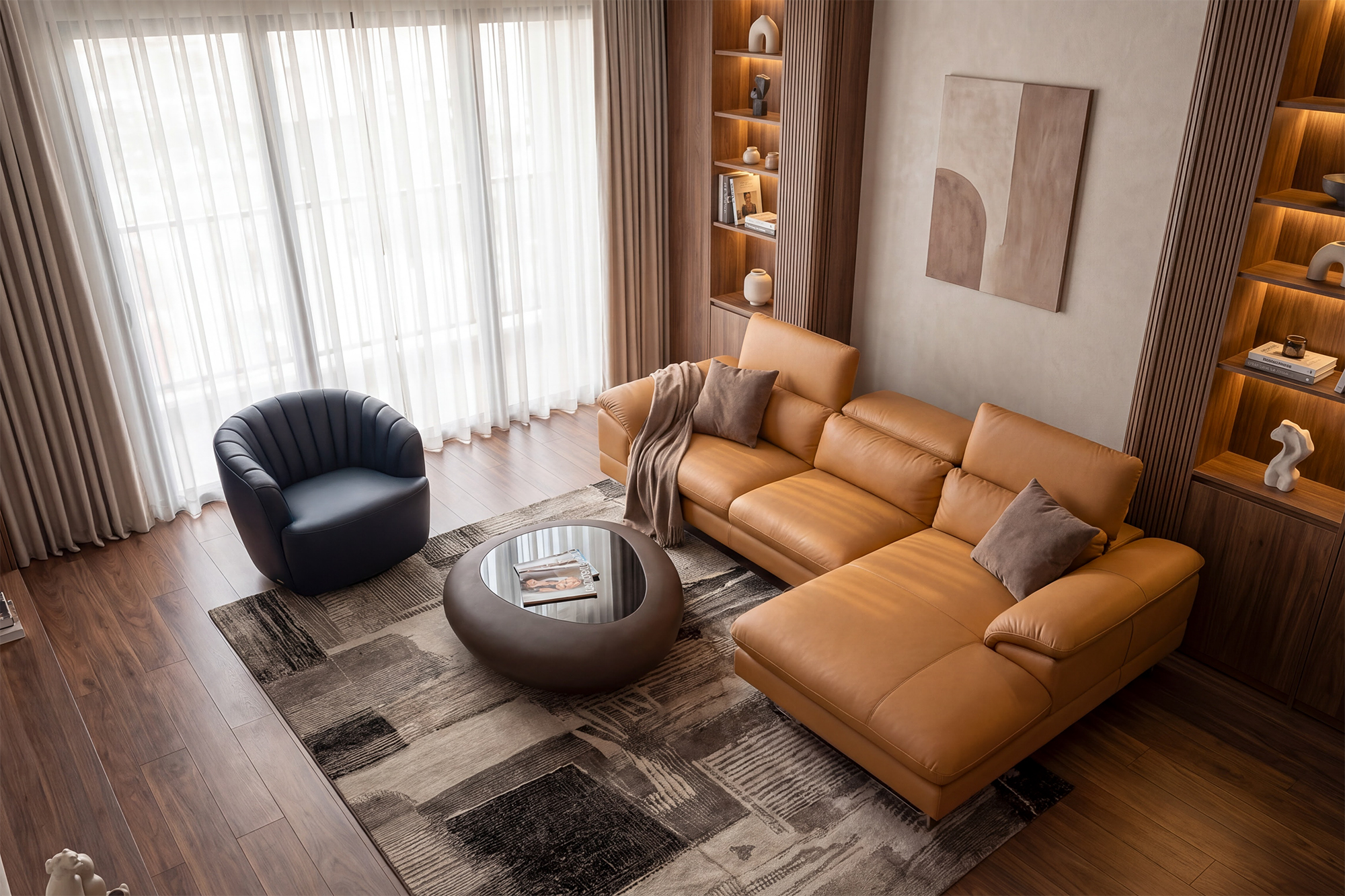 Concept Sofa góc KH270 kết hợp Ghế xoay ZL628 (Malaysia), Thảm Italia và Bàn trà KOS (Italia) góc 2