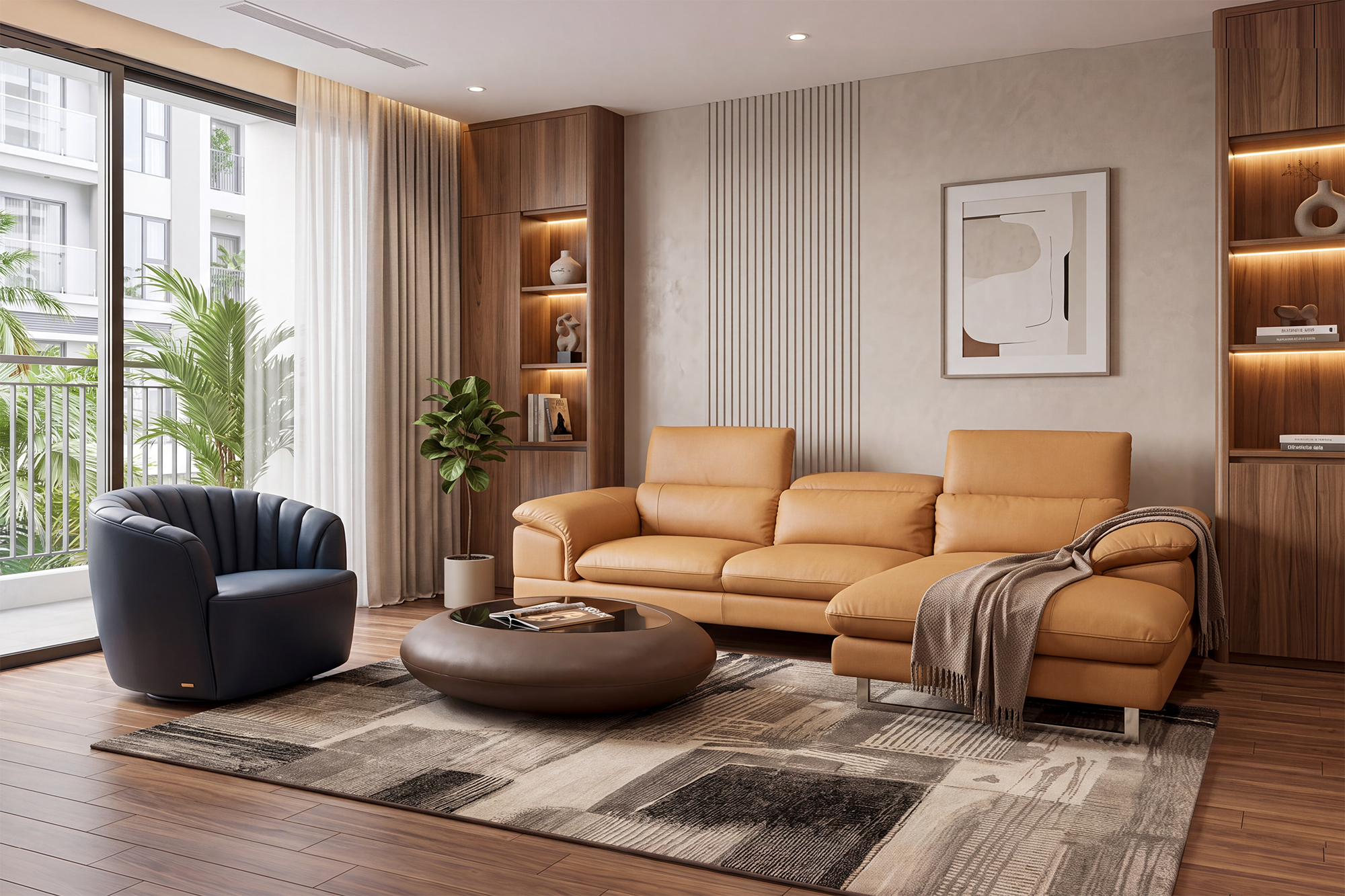 Concept Sofa góc KH270 kết hợp Ghế xoay ZL628 (Malaysia), Thảm Italia và Bàn trà KOS (Italia) góc 3