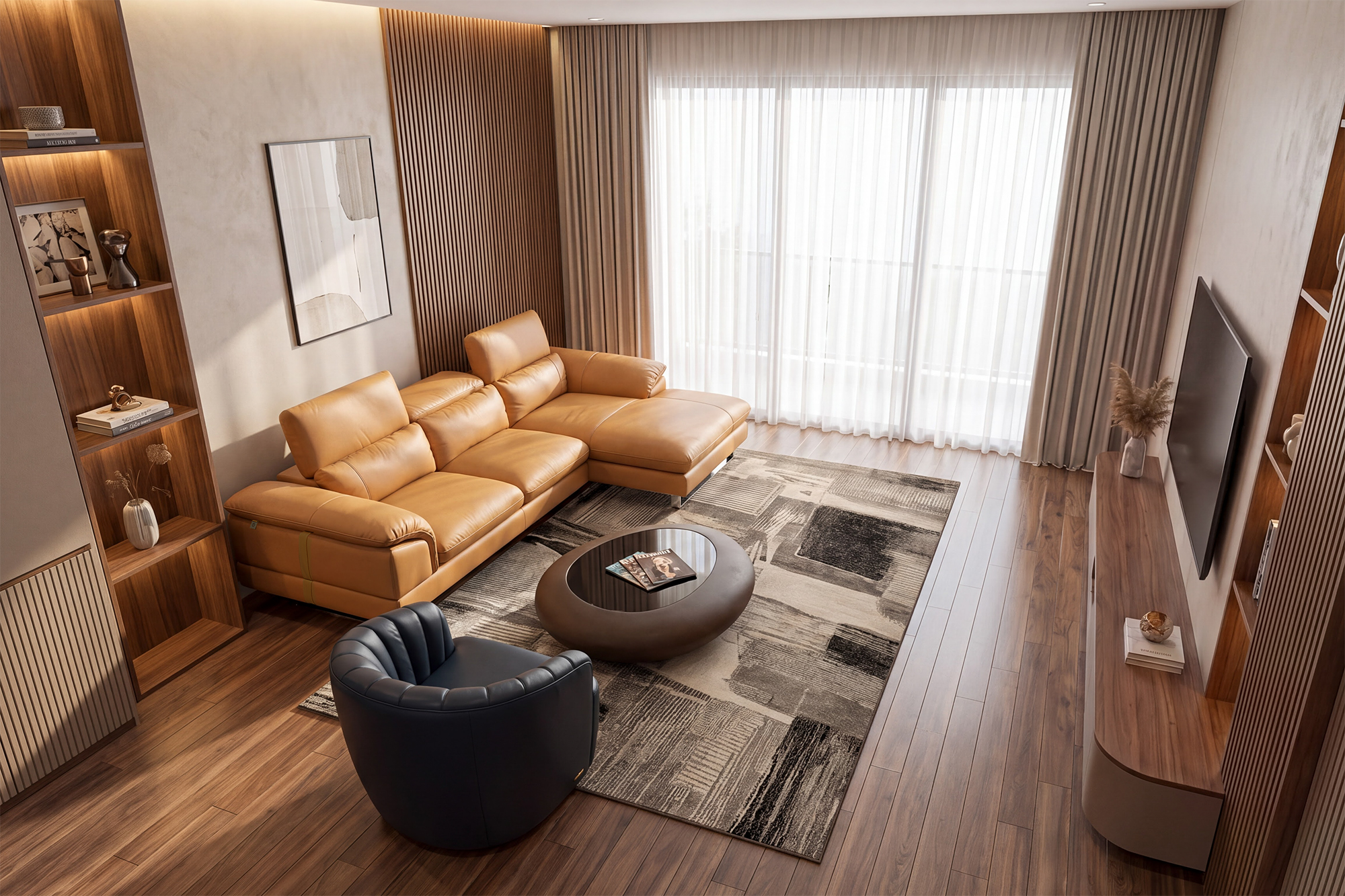 Concept Sofa góc KH270 kết hợp Ghế xoay ZL628 (Malaysia), Thảm Italia và Bàn trà KOS (Italia) góc 4